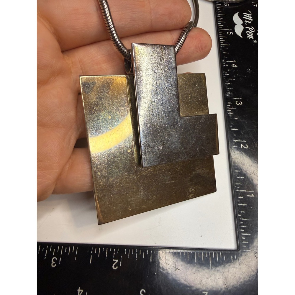 Geometric Brutalist Pendant Necklace Snake Chain Silver Gold Tone Statement